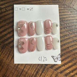 Pink and White Press-On Nails with Rhinestones